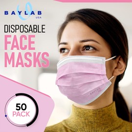 BAYLAB USA ASTM Level 1 Disposable 3-Layer Face Masks, Coral Pink, Pack of 50