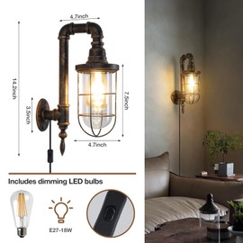 TIGKHAE Industrial Plug in Wall Sconce E26 Edison Antique Wall Lights with 5.9Ft Plug in Cord On Off Switch Vintage Rustic Wall Lamp Lighting Fixture for Headboard Bedroom Porch Hallway