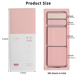 Pink Lined Sticky Notes Set, 240 Sheets Pastel Sticky Note Pads, Self-Stick Index Tabs Cute Memo Notepads for School, Office and Home