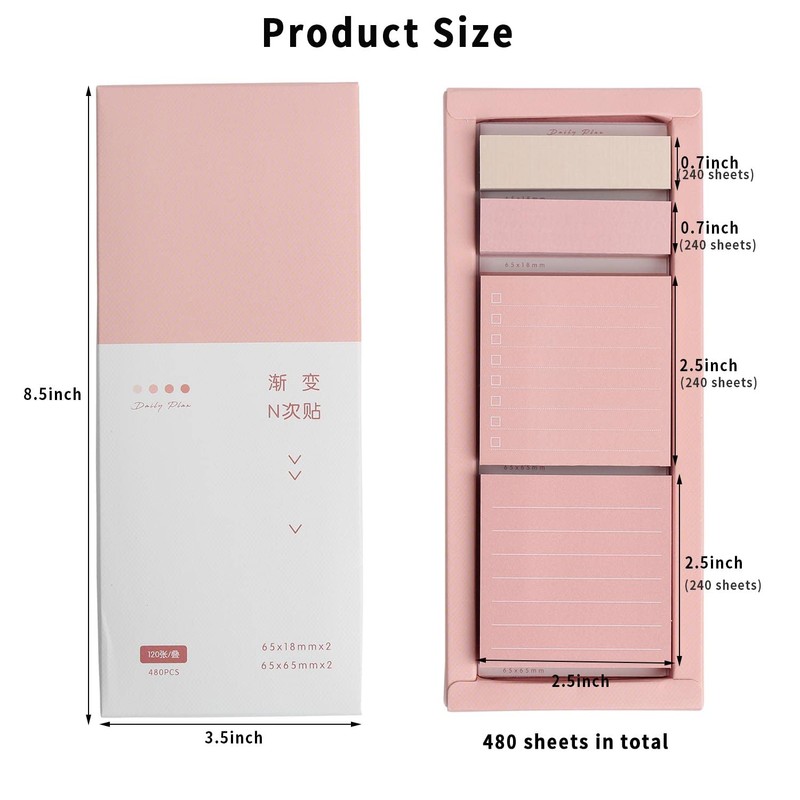 Pink Lined Sticky Notes Set, 240 Sheets Pastel Sticky Note