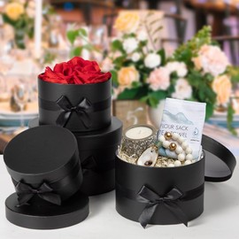 GnFlus Black Gift Boxes with Lids and Bow Ribbon for Presents Set of 4 for Arrangements Flowers Wedding Birthday Valentines Bridesmaid Christmas Party