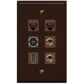 RiteAV 1 Speaker 2 Banana Binding Post Wall Plate 2 Cat6 1 x Toslink Optical and HDMI - Flat Style [Brown/Brown]