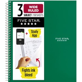 Cuaderno espiralado Five Star, 3 materias, con papel rayado, 150 hojas, 10-12 x 8, Verde                                                              