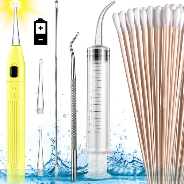 Tonsil Stone Remover kit with Long Handle, 2 Stainless Steel Tonsillolith Pick +2 Tips + 1 Curved Irrigator Syringe + 20 Long Swabs（Yellow，No Battery）