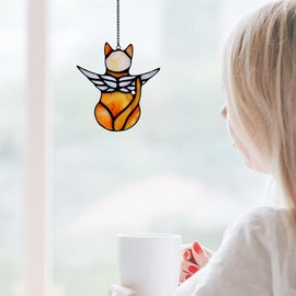 HOUSEEN Angel Cat Memorial Ornaments, Stained Glass Window Hanging Decorations for Cat Lovers, Angel Wings Cat Suncatcher Decor, Pet Memorial Sympathy Statue (Orange)