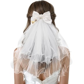 SWEETV Bridal Hair Bow Veil White Bow Clip Bachelorette Party Decorations Pearl Accessories Bride to Be Bridal Shower Gift