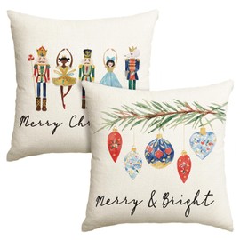 Artoid Mode Nutcrackers Leaves Bells Merry Christmas Cushion Covers Set of 2, 45x45 cm Decorative Pillow Case Cover Sofa Living Room Outdoor Decor