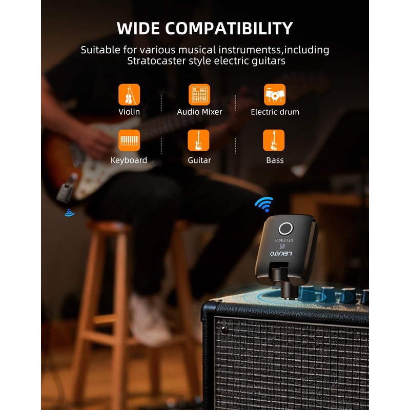 LEKATO 2.4 GHz Wireless Guitar System with Magnetic Charging Case