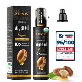 ALFZON PREMIUM 100% Pure Moroccan Argan Oil - USDA Organic, Cold Pressed | Hair Growth & Moisturizer for Dry, Oily, Damaged, Curly & Frizzy Hair, Skin, Face & Beard | Additive-Free, Anti-Aging, 3.38 oz