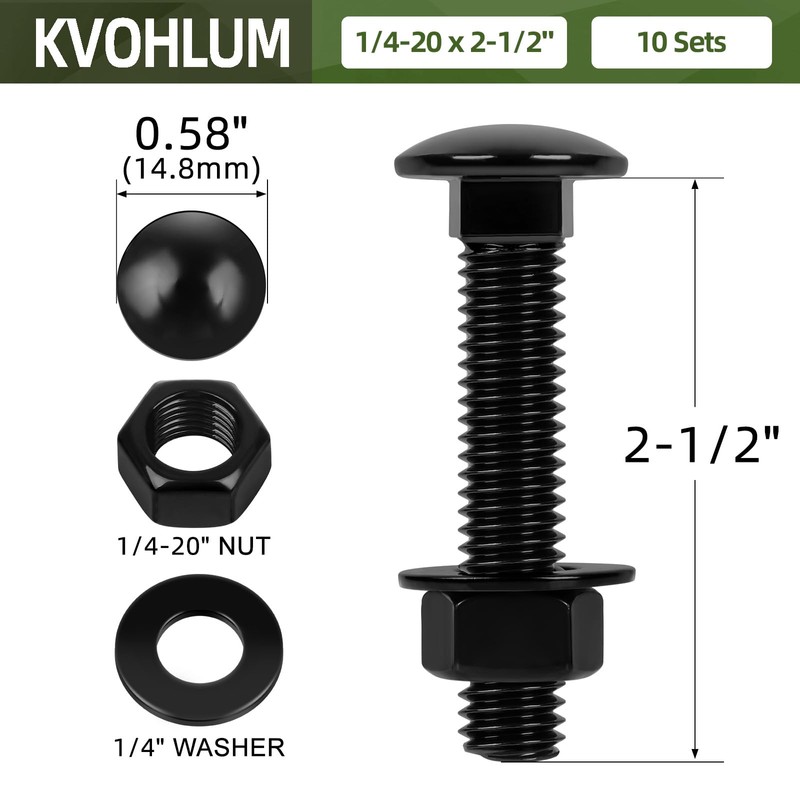10 Sets 1/4-20 x 2-1/2" Carriage Bolt Kit, Round Head