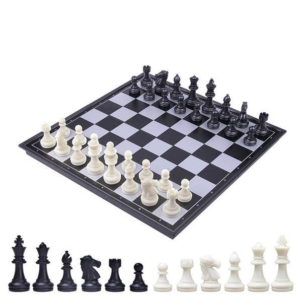 Kosun Chess Set, International Chess, Magnetic Folding Chess Board, Black and White Pieces, Convenient Storage (S)