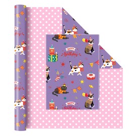 WERNNSAI 17”x 66 ft Cat Gift Wrapping Paper Roll - 1 Roll Girl Birthday Wrapping Paper Pink Purple Kitty Wrapping Paper for Kids Party Decor Supply Polka Dot Design, Reversible