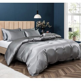 P Pothuiny 5 Pieces Satin Duvet Cover King Size Set, Luxury Silky Like Grey Duvet Cover Bedding Set with Zipper Closure, 1 Duvet Cover + 4 Pillow Cases (No Comforter)