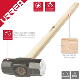 URREA Sledge Hammer - 12-Pound Steel Head Drilling Hammer with Forged Striking Head & Hickory Wood Handle - 1439G
