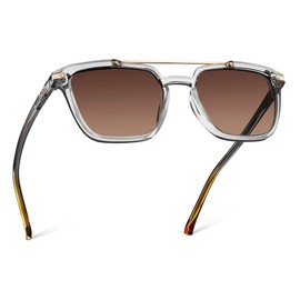 WearMe Pro Modern Men's Square Aviator Sunglasses - Clear Frames with Double Metal Bridge with Polarized Lens (Crystal Ice Grey Frame/Brown Gradient Lens)