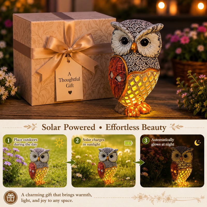 Solar Red Owl Statue Light for Garden Decor – Resin