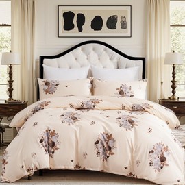 Cozaline Cream Floral Duvet Cover King Size - 100% Cotton Comforter Cover Elegant Flower Botanical Duvet Cover Sets 3-PC, Breathable Duvet Cover with Zipper Closure & Corner Ties