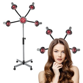 5Head Infrared Heat Lamp Standing Hair Dryer Salon Color Processor Adjusting Height Styling Perming with Rolling Base Home Hairdryer Hooded for Barber Shop Beauty 750W (Silver-Grey)