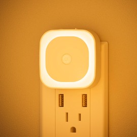 YUNLEX 2 Pack Plug in Night Light with Motion Sensor & Dusk to Dawn Sensor, 3 Sensor Modes, Dimmable Night Lights Plug into Wall, Amber Nightlight for Bathroom, Bedroom, Indoors, Kids, Adults