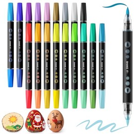 SUNEE 36 Colors Dual Tip Acrylic Paint Markers Pens, 18 Pack Dual Brush Tip Art Markers with Automatic Ink Control System, Water-Based Acrylic for Paper, Metal, Rock, Ceramic, Wood, Canvas, Glass