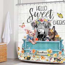 Newsely Highland Cow Farm Shower Curtains for the Bathroom, Cute Cow Chicken and Pig with Flowers on Truck Bathroom Set, Western Farmhouse Rustic Animals Funny Waterproof Bath Accessories 60Wx72H Inch