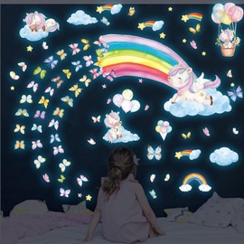 Glow in The Dark Stars for Ceiling Unicorn Wall Stickers Unicorn Rainbow Butterfly Wall Decals Luminous Unicorn Stars Ceiling Stickers for Girls Baby Kids Bedroom Living Nursery Room Blue