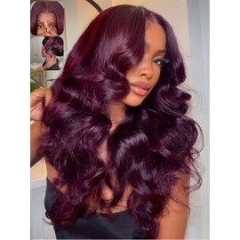 KLAIYI Black Cherry Loose Body Wave Bye Bye Knots Glueless Wig 7x5Precut Lace Front Wigs Human Hair Drawstring Pre Plucked Bleached 30S Ready to Wear and Go Wig with Face Framing Bangs Burgundy 20Inch