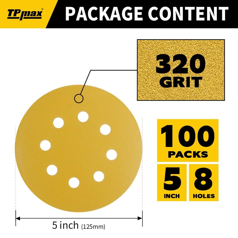 100PCS 125mm 8 Hole Sanding Discs Sandpaper, 320 Grit, Premium