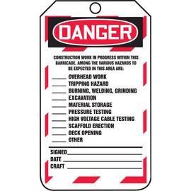 Accuform TAB102PTP Barricade Status Tag, Legend "DANGER CONSTRUCTION BARRICADE - ONLY PERSONS DIRECTLY INVOLVED SHALL BE PERMITTED TO ENTER", 5.75" Length x 3.25" Width x 0.015" Thickness, RP-Plastic, Red/Black on White (Pack of 25)