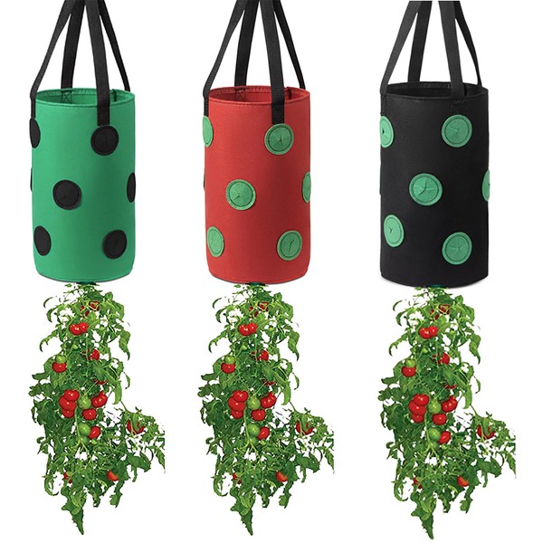 SB Goods Garden Hanging Tomato Strawberry Planting Grow Bag, 3 Pcs Multi-Color Upside Down Vegetable Planter with 12 Grow Holes & Handle