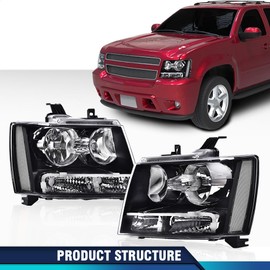 PIT66 Headlights, Compatible with 07-14 Chevy Tahoe Suburban/07-13 Chevy Avalanche Corner HeadLamp Clear Lens Black Housing Clear Reflector