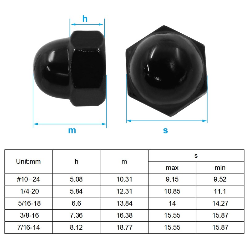 Hordion 1/4-20 Black Acorn Cap Nuts, 304 Stainless Steel Acorn