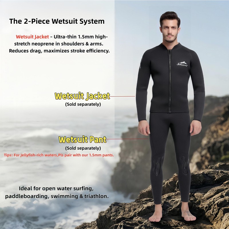 SBART 1.5mm Wetsuit Top Men UPF 50+ Front Zip Neoprene