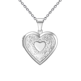 KunBead Women's Silver Heart Photo Locket Necklace with Picture inside Love Heart Shaped Jewelry Memory Pendant Necklace