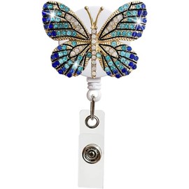 Crystal Blue Butterfly Rhinestones Retractable Badge Reel, Bling Diamond Nurse Badge Holder Reels with Swivel Alligator Clip Badge Holders for Teachers Students Volunteers Badge Holders