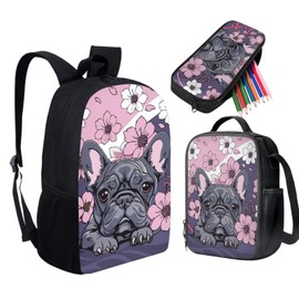 HUGS IDEA French Bulldog Floral 3 in 1 School Bag Set for Kids Cute Backpack with Lunch Box and Pencil Case for Girls Teen Travel Bookbag Set