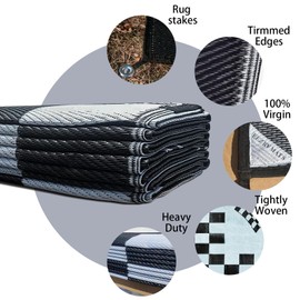 EEZ RV Products 9ft x 18ft Heavy Duty Reversible/Durable Outdoor Patio/RVing Camping Mats Come with Large Storage Bag & 6 Sets of Stakes and Washer, Black & White Checker Flag