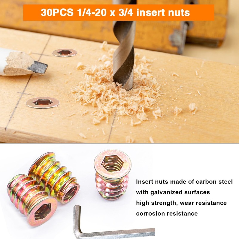 Taiss 30 Sets 1/4"-20 Threaded Inserts for Wood,Furniture Screw Nut