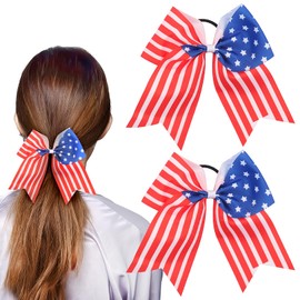 2PCS 4th of July Cheer Hair Bows 8inch 4th of July Independence Day Ponytail Holder Hair Ties Patriotic Flag Festival Hair Bow With Elastic Ponytail Holder Stars and Stripes Hair Tie Band