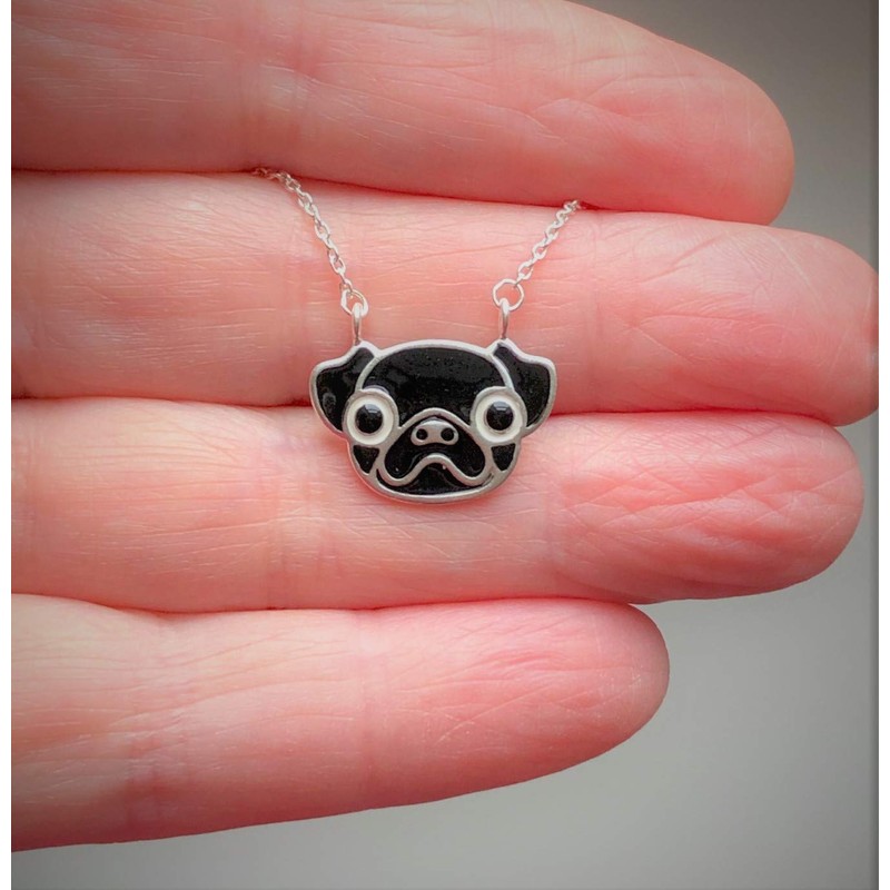 Katy Craig, Sterling Silver Pug Necklace, Black, Dog Lovers