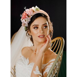 Zinniday Girls Flower Fascinator Headband - Handmade Pink Stylish Floral Headwear Vintage Velvet Hair Accessories Tea Party Head Piece for Women and Lady Cocktail Party Photo Prop Costume Dress Up