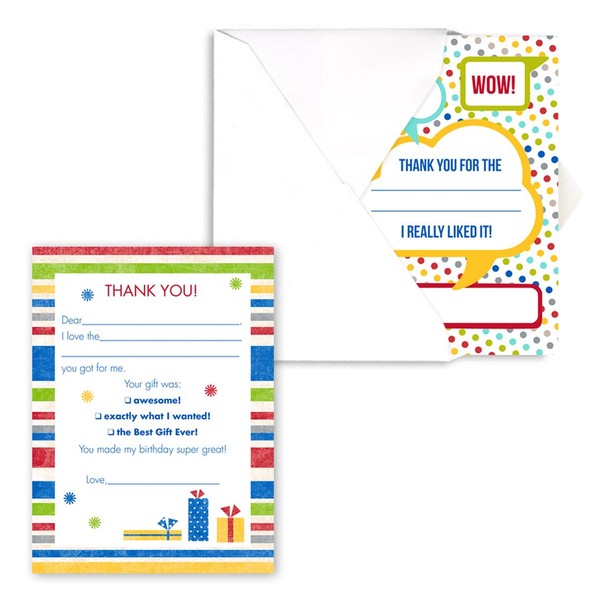 Dots and Stripes Kids Thank You Note Card Pack - Set of 20 fill in the blank cards with envelopes