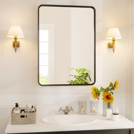 IDEALHOUSE Black Bathroom Mirror for Over Sink, 40x28 Metal Framed Round Rectangle Bathroom Vanity Mirror, Wall-Mounted Mirror for Bathroom Farmhouse, Hangs Horizontally or Vertically (40X28 Inch)