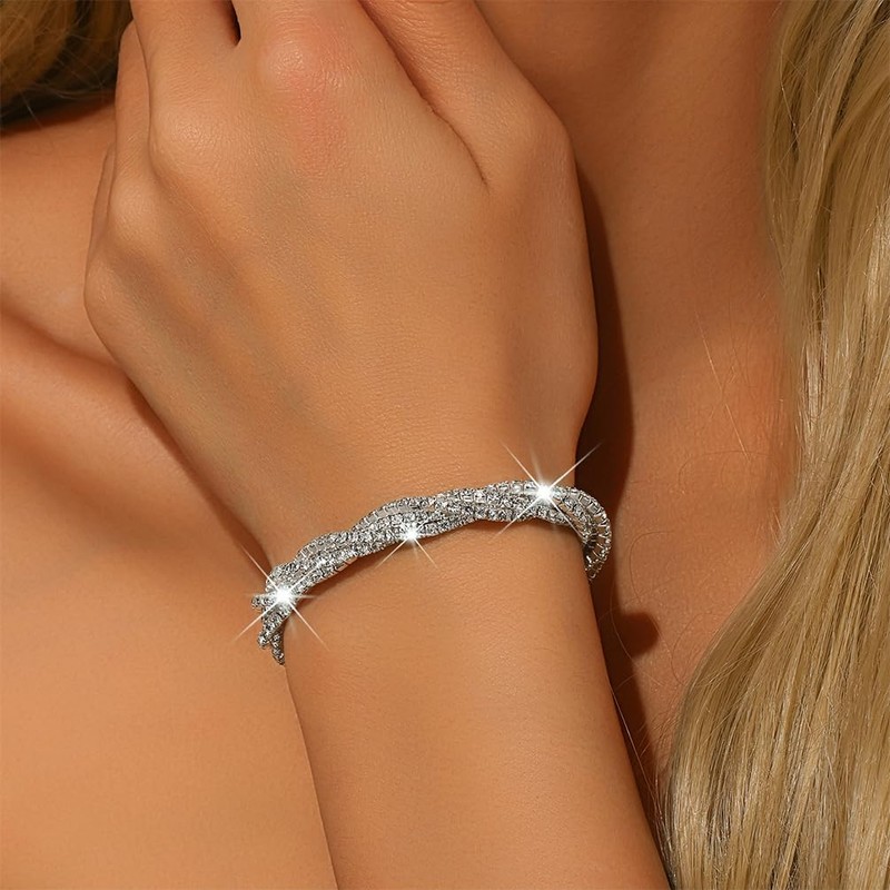 Douxsu Bling Rhinestone Stretch Tennis Bracelet for Women, Sparkly Silver