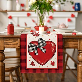 Artoid Mode Red Buffalo Plaid Heart Bow Tie Valentine's Day Table Runner, Seasonal Kitchen Dining Table Decoration for Home Party Decor 13x72 Inch