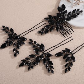 Lenjicons Luxuries Rhinestone Hair Comb Pins Set Teardrop Rhinestone Hair Comb Wedding Hair Pins Bridal HairPin Set for Brides Bridesmaid(4pcs) (black)