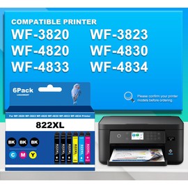 822XL Remanufactured for Epson 822XL Ink Cartridges for Epson 822XL T822 for Epson Workforce Pro WF-3820 WF-3823 WF-4820 WF-4830 WF-4833 WF-4834 Printer 6 Pack 3 Black 1 Cyan 1 Magenta 1 Yellow