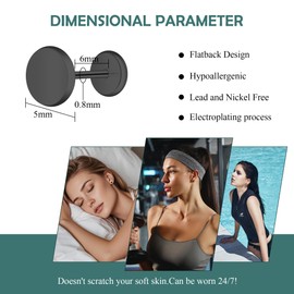 ZDE Women Earrings Threadless Flat Back Dot Earrings Titanium Hypoallergenic Cartilage Non-Nickel Black Push in Earrings Studs for Sensitive Ears Simple Classic Earstuds (Black, 5MM)