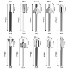 Hakkin HSS Router Bits 10Pcs 3mm 1/8" Mini Shank Carpentry Router Bits Fit Dremel Foredom Rotary Tool Set for DIY Woodworking, Carving, Engraving, Drilling