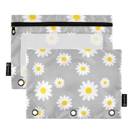 Gredecor Binder Pencil Pouch 3 Ring Beautiful Daisy Flower Zipper Pencil Pouches Case 2 Pack Grey Clear Binder Organizer for School Office
